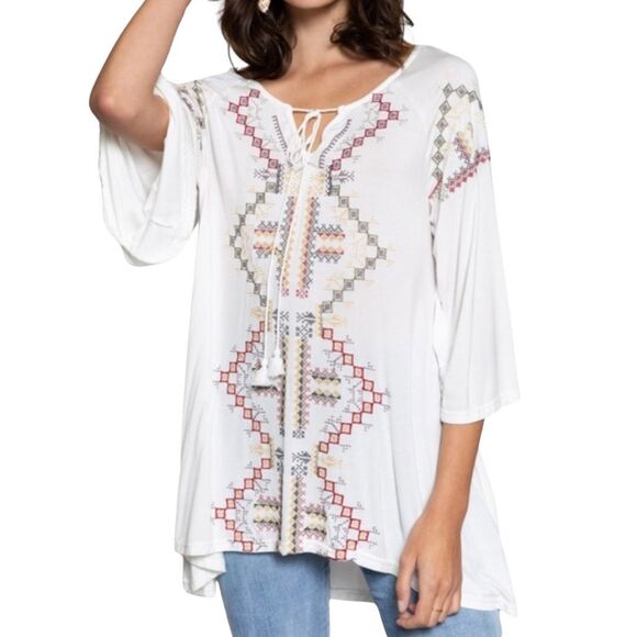 POL Tops - POL SUPER SOFT White Tunic with tie front detail in Multicolor Embroidery, SZ L